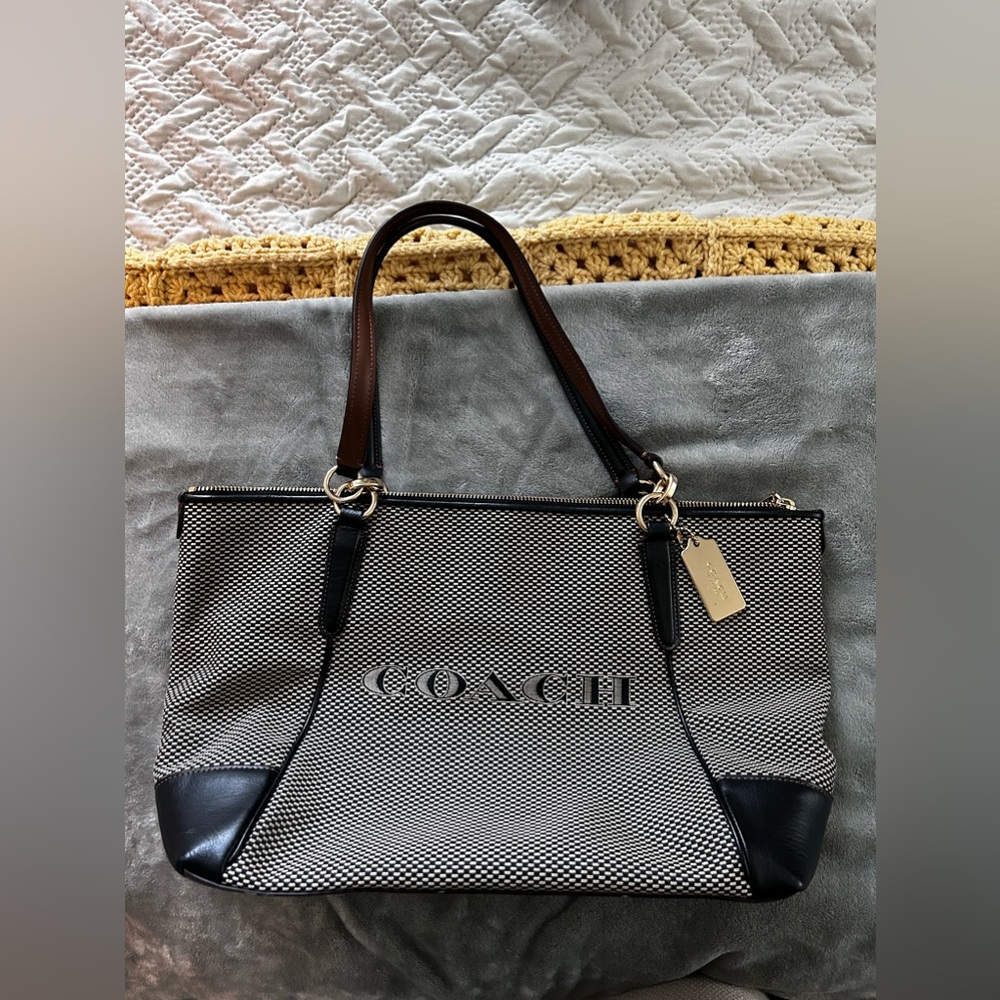 Coach F28467 Ava Legacy Jacquard Tote Black and Brown Leather Shoulder Handbag